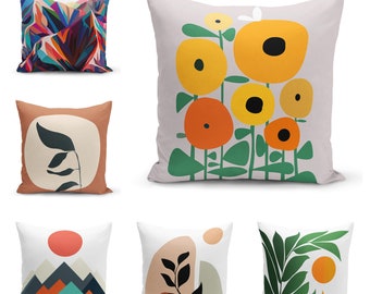 Sun Flower and Mountain Abstract Cushion Cover,Leaf Decorative Pillow case,Colorful Modern Pillow cover,Garden Party Cushion Cover, Handmade