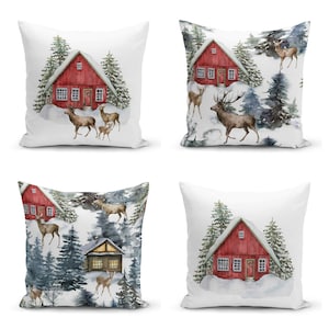 Fodera per cuscino invernale Mountain House, federa per cuscino Red Farmhouse, federa per cuscino Deers Pine Trees, federa per cuscino natalizia, fatta a mano