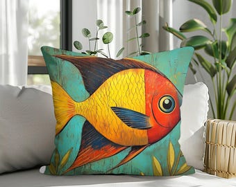 Federa per cuscino con motivo a vita marina costiera, federa per cuscino con pesce dell'oceano nautico, cuscino decorativo da spiaggia con polpo marino, cuscino fatto a mano