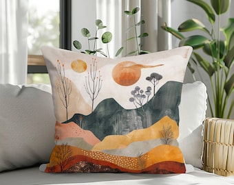 Abstract Mountain Landscape Pillow Cover, Sunset Nature Cushion Case, Modern Boho Throw Pillow, Earth Tone Scenic Cushion Cover