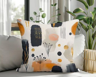 Abstract Botanical Pillow Cover, Modern Boho Cushion Case, Yellow Grey Minimalist Throw Pillow, Handmade Cushion