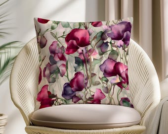 Aquarell Sweet Pea Kissenbezug, romantisches Blumenkissen, Cottagecore Gartenkissen, botanische Wohnkultur