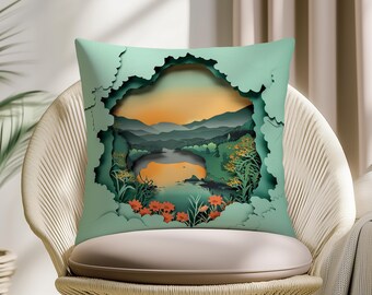 Paper Cut Landscape Pillow Cover, Layered Nature Cushion, Green Forest Throw Pillow, Storybook Style Home Decor