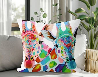 Colorful Animal Art Pillow Cover, Cute Cat Giraffe Cushion, Playful Modern Throw Pillow, Tropical Boho Home Decor Sofa Case