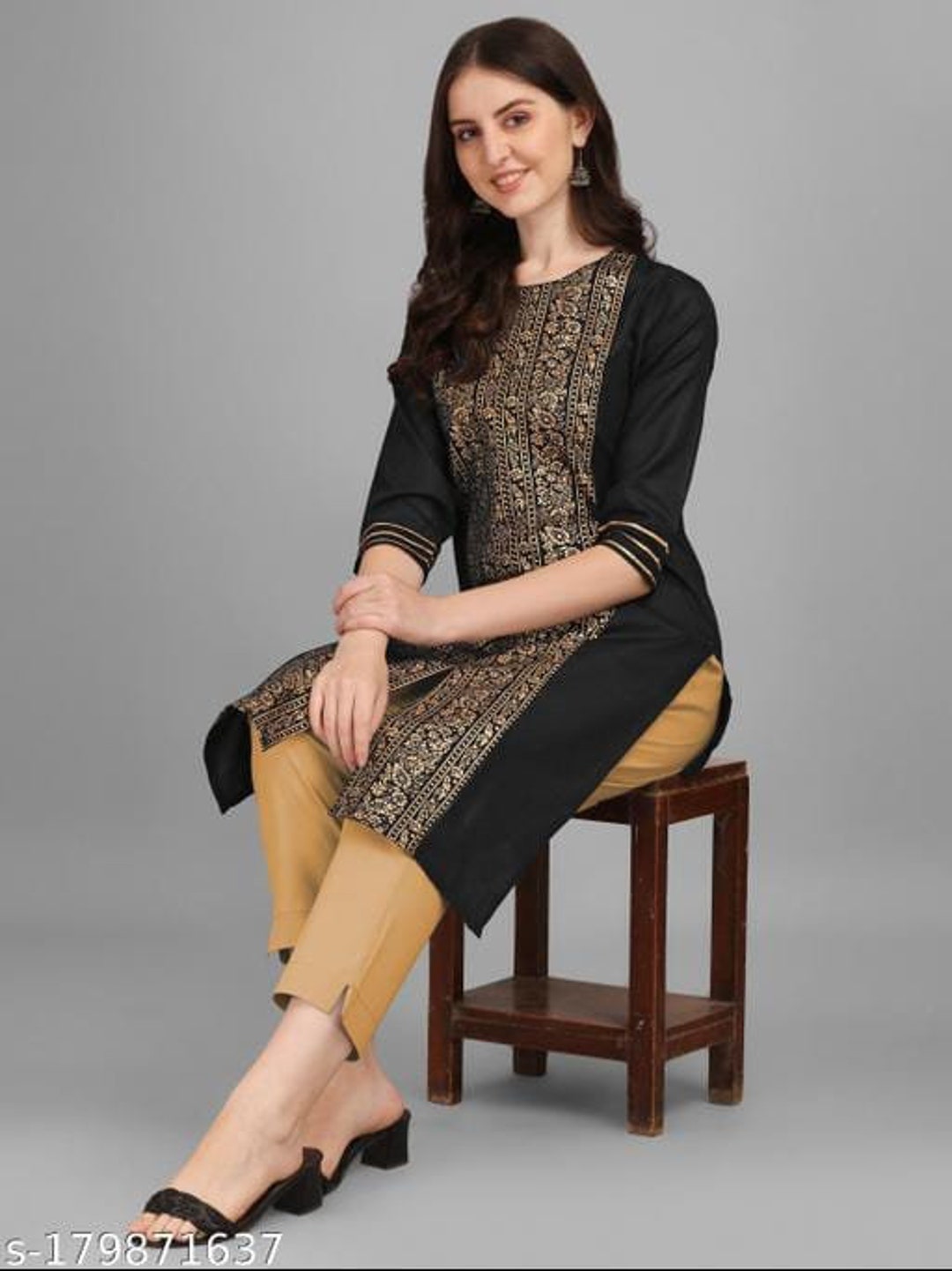 Girls Black & Gold Embroidered Summer Kurti Pant Set – Elegant Festive Outfit