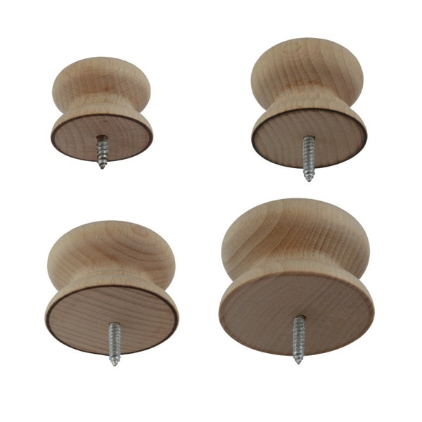 Pack of 4 samples, One of each size 35, 40, 46 & 53mm Wooden Knob. Drilled, Dowel Screw or Insert and M4 Screw. Beech Handle, Unfinished/Raw