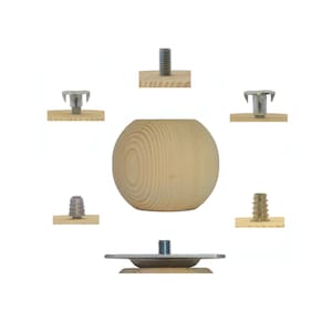 May include: A light-coloured, spherical wooden furniture foot with visible wood grain, surrounded by various metal hardware components for attachment. The hardware includes screws, threaded inserts, and a plate with a threaded stud.