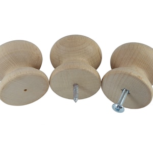 Wooden Furniture Knob 45mm Ø Pack of 10, Drilled, Dowel Screw or Insert and M4 Screw. Turned Beech Handle Hardwood, Unfinished/Raw A45BTK