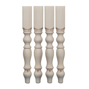 May include: Four unfinished wooden table legs with a turned design. The legs are approximately 40 cm tall and have a square top.