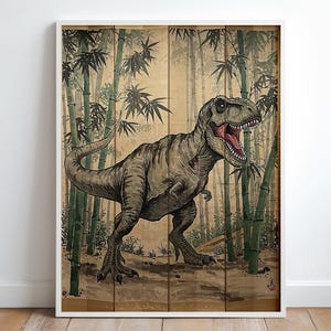 Decorazione da parete in tela con dinosauri, arte vintage in bambù T-Rex, tela unica con natura tesa per la cameretta dei bambini, regalo per gli amanti dei dinosauri, retrò
