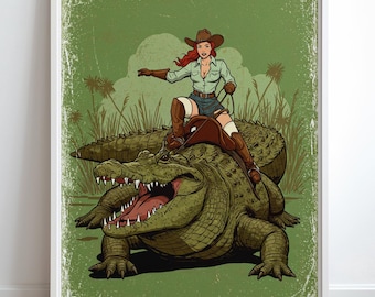 Crocodile Rider Art Print: Vintage Western Funny Wall Decor