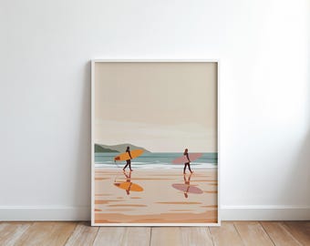 May include: Framed art print featuring two figures walking on a beach, each carrying a surfboard. The artwork uses a minimalist style with muted tones of orange, beige, and teal, creating a serene coastal scene. The figures' reflections are visible in the wet sand.