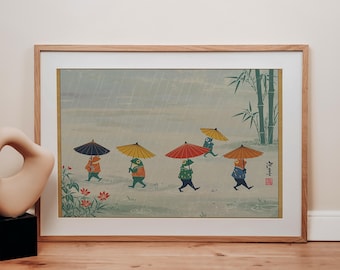 Framed Art Print: Japanese Umbrella Parade, Rainy Day Decor