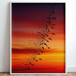 Puede incluir: Impresión artística enmarcada que presenta una vibrante puesta de sol con un degradado de colores que va del morado oscuro al amarillo brillante. Siluetas de pájaros y formas geométricas parecen dispersarse por el cielo, creando una composición dinámica y artística.