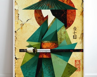 Geometric Samurai Art Print, Japanese Wall Decor, Vintage Anime Style Poster