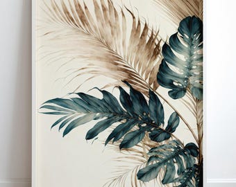 Lámina artística de hojas tropicales, decoración de pared botánica bohemia, póster inspirado en la naturaleza.