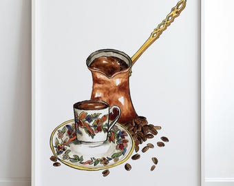 Posters roulés sur une cafetière et une tasse turques | Affiche d'art sur le café