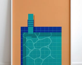 Abstract Swimming Pool Illustration Matte Poster, Retro Diving Board Wall Art for Living Room
