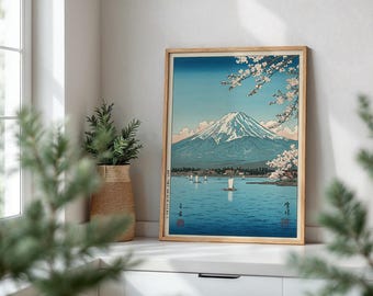 Affiche mate du Mont Fuji et du lac aux cerisiers en fleurs, paysage japonais, décoration murale pour salon