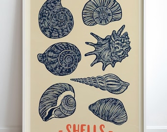 May include: A framed print featuring a collection of stylized navy blue seashells on a cream background. The word "SHELLS" is printed in orange at the bottom. The image showcases various shell shapes and textures, perfect for coastal decor.
