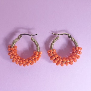 Intense Orange beaded gold stainless steel hoops