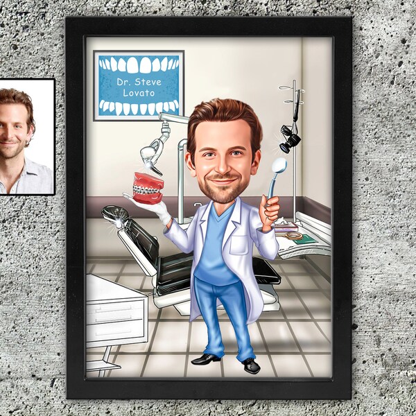 Dentist Gift, Custom Caricature Portrait Framed Print, Cartoon Dental Hygienist Assistant, Ortodontist Birthday Gift, Dentist Gift Ideas