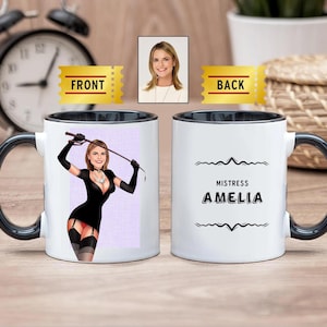 Tazza da caffè personalizzata con caricatura da foto, arte Femdom Dominatrix, caricatura personalizzata, cartone animato, umiliazione schiava