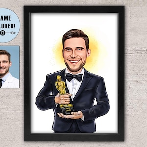 Premio Oscar con cornice personalizzata, premio Oscar con cornice personalizzata, caricatura Oscar, regalo Oscar personalizzato con cornice