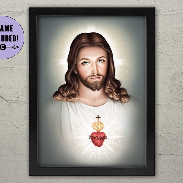 Holy Jesus Christ Sacred Heart Religious Framed Print, Jesus Paintings, Sacred Heart Of Jesus / Framed Wall Art