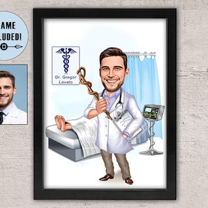 Ritratto incorniciato di un cartone animato di un dottore maschio personalizzato, caricatura di un dottore dei miracoli, regalo per un dottore uomo, dottore che tiene in mano un caduceo, regali di stampe incorniciate di un dottore