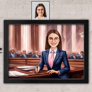 Framed Lawyer Caricature: Personalized Attorney Gift From Photo