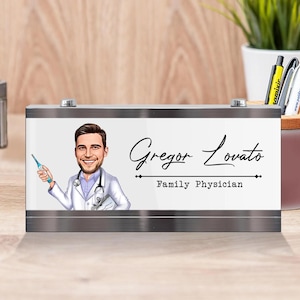 Placa de escritorio de médico personalizada: retrato de dibujos animados, decoración de oficina personalizada