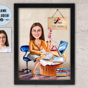 Framed Big Boss Caricature Print: Personalized Business Woman Gift