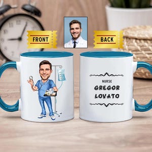 Keramische koffiemok verpleger met karikatuur van foto, gepersonaliseerde cartoon verplegermok voor mannen, grappig cadeau verpleger, verpleegschool