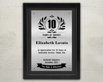 10 Year Work Anniversary Gift Framed Award | Ten Years of Service Employee Recognition Appreciation Framed Plaque, Personalized Workiversary