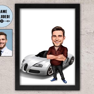 Personalized Framed Male Cartoon Portrait, Men Caricature, Car Lover Gift, Custom Framed Caricature, Father's Day Gift, Car Lover