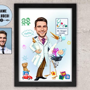 Benutzerdefinierte gerahmte Kinderdoktorkarikatur, pädiatrisches Arztporträt, Karikatur vom Foto, Kinderarztporträt, Karikatur personalisiertes Geschenk