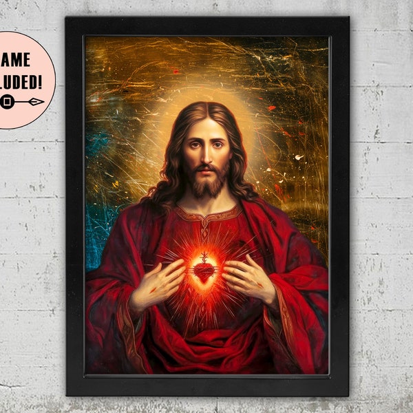 Holy Jesus Christ Sacred Heart Religious Framed Print, Jesus Paintings, Sacred Heart Of Jesus / Framed Wall Art