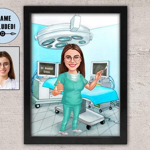 Framed Surgeon Caricature Portrait: Custom Doctor Gift
