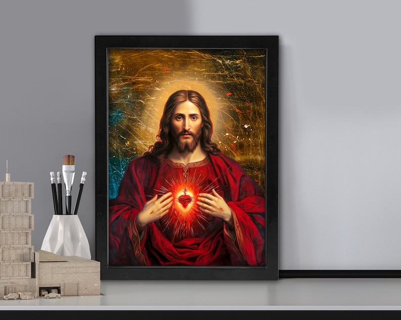 Holy Jesus Christ Sacred Heart Religious Framed Print, Jesus Paintings