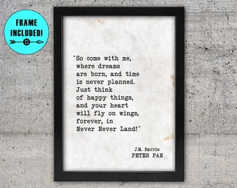 So Come With Me Where Dreams Are Born, Peter Pan Framed Quote, Boys Room Decor, Nursery Wall Art, wooden Kids Gift, Kids Room Framed Decor