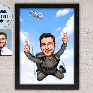 Custom Skydiver Cartoon Portrait: Funny Framed Caricature Gift