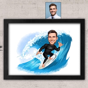 Surfing Cartoon Framed Male Cartoon Portrait, Custom Surf Boy Gift, Funny Surf Gift for Men, Surf Caricature Portrait from Photo, Surf Lover
