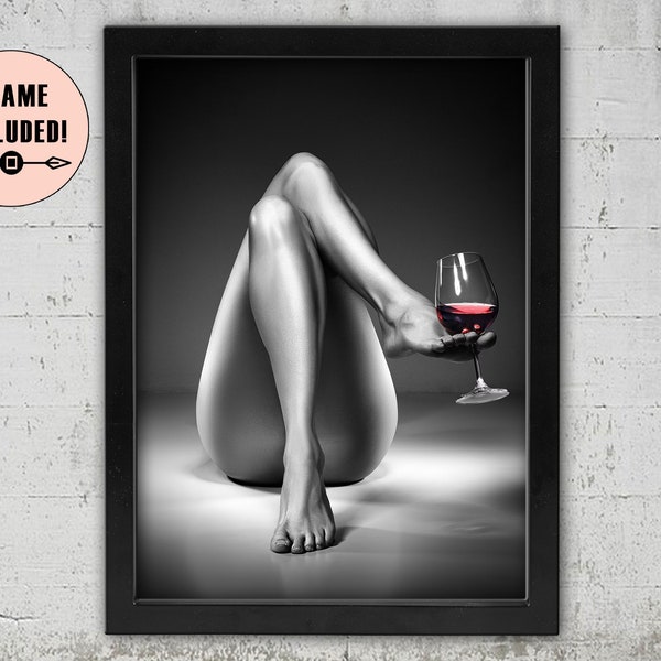 Naked Women Legs Wine Glass Framed Poster Print, Black White Wall Framed Decor,Bedroom Living room, Photography Minimalist housewarming Gift