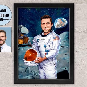 Impresión enmarcada personalizada, dibujo de retrato de astronauta a partir de una foto, regalo personalizado para astronauta, caricatura de astronauta, regalo para amantes del espacio