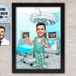 Custom Framed General Surgery Caricature, Surgeon Portrait, Caricature from Photo, Framed Doctor Portrait, Caricature Personalized Doctor