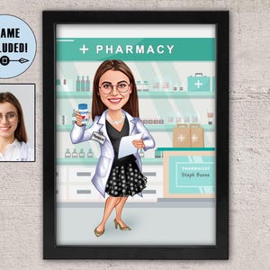 Pharmacist Framed Caricature, Custom Pharmacist Portrait, Pharmacy Assistant Technician, Female Pharmacist Gift, Graduation Framed Gift