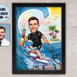 Personalized Framed Surfer Caricature, Cartoon from Photo, Custom Surfing Framed Portrait, Bobblehead, Gift for Him, Framed Wall Art Print