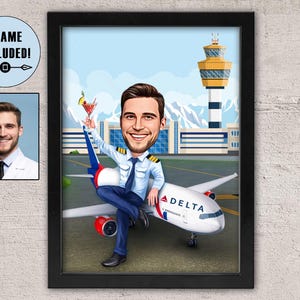 Framed Caricature Pilot Portrait, Pilot Gift Idea, Pilot Birthday Retirement Framed Gift, Captain Pilot, Aviation Gifts, Gift for Air Force