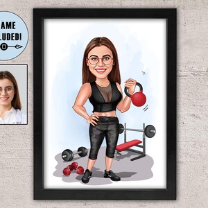 Benutzerdefinierte Frau Fitness gerahmtes Cartoon Porträt, Fitness gerahmte Karikatur, Geschenk für Fitness-Liebhaber, Fitness gerahmte Cartoon, kundenspezifische weibliche Fitness